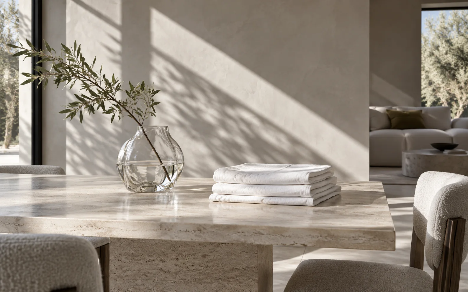Illustrative sunlit interior with folded linens and a glass vase